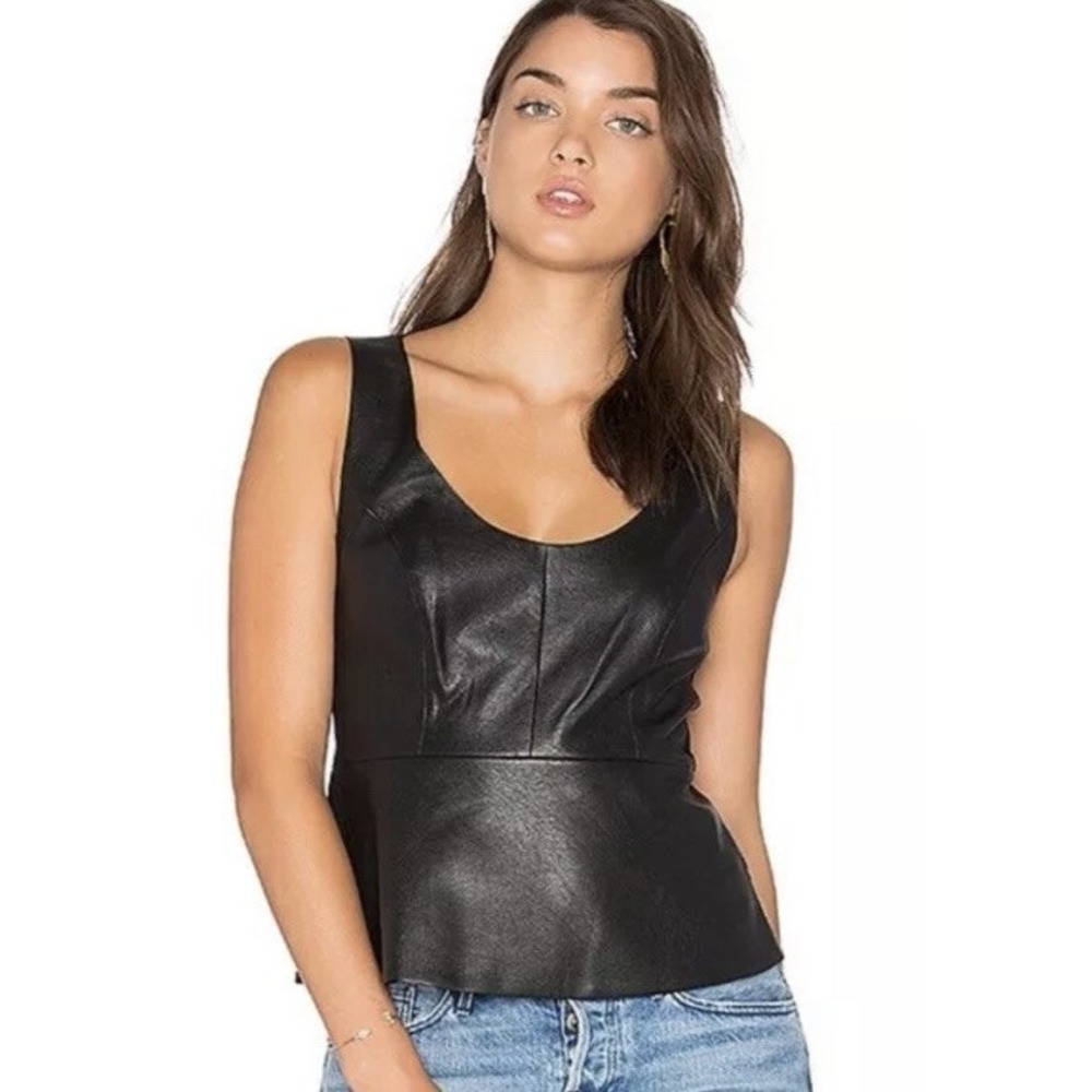 BCBG Max Azria Black Cladiana Vegan Faux Leather Peplum Lined Top S